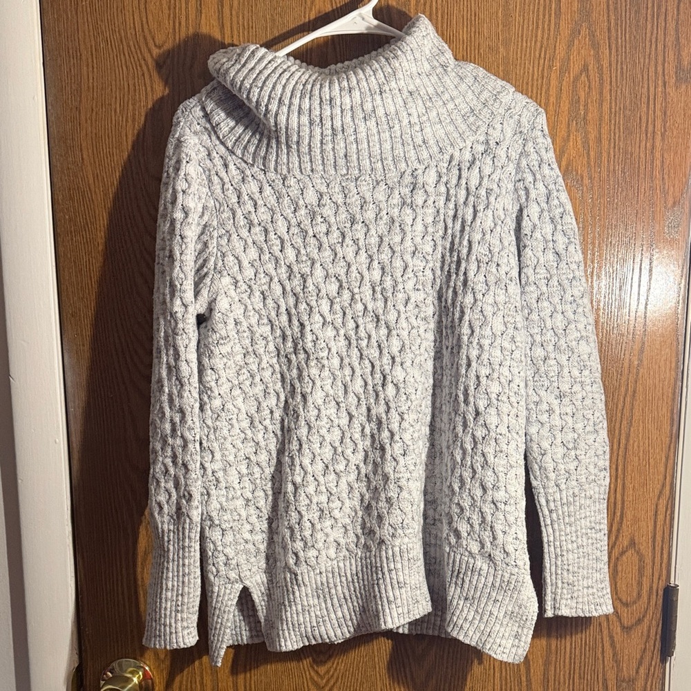 Cozy Gray Cable Knit Turtleneck Sweater